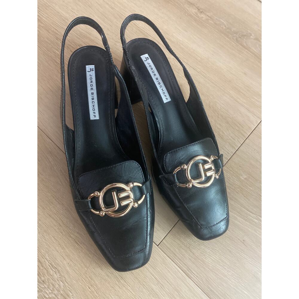 Jorge Bischoff slingback loafer heel women size 8 black leather gold logo Brazil